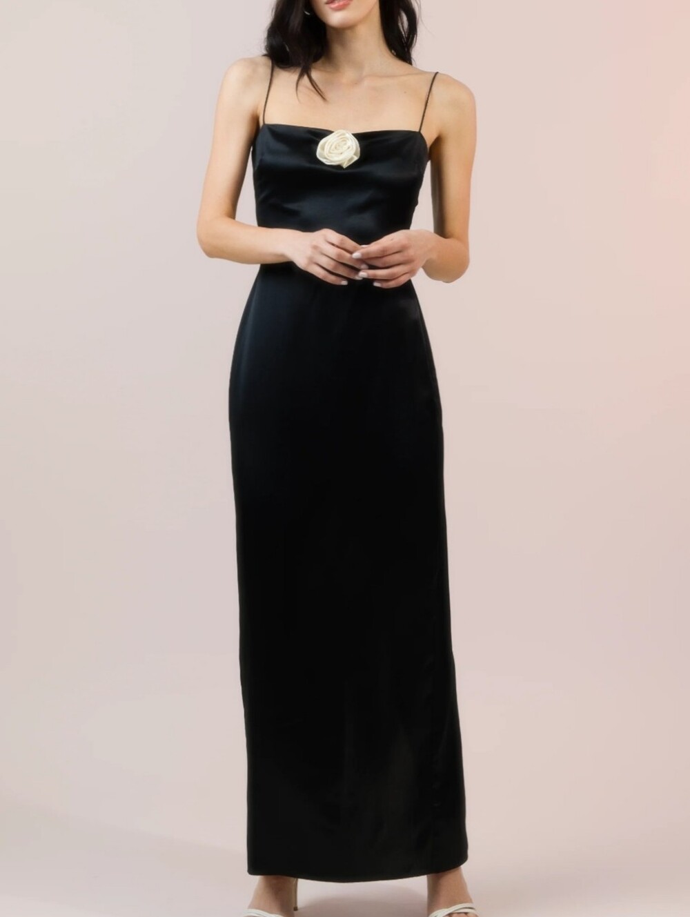 O.P.T. Black 100% silk Maxi Slip Dress with Ivory Rose Accent size 12 NWTS